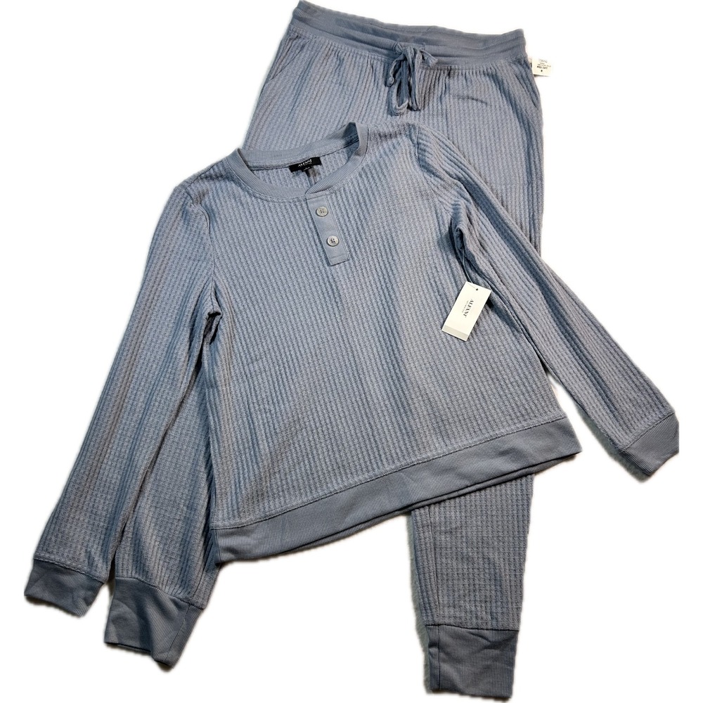 Alfani Womens Small Thermal Waffle Knit Henley Pajama Set 2 Piece Blue NWT